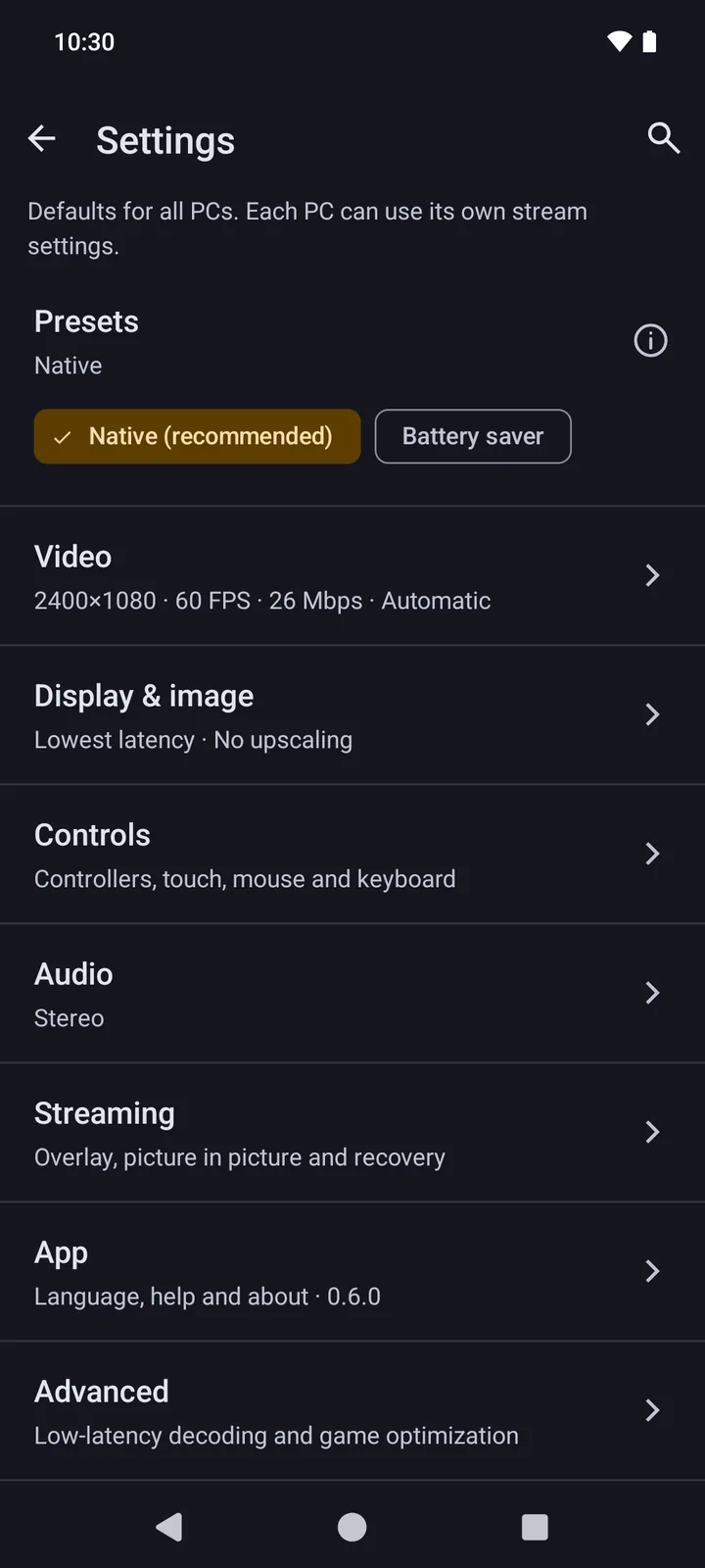 Nightjar settings with the Native (recommended) preset selected next to Battery saver, above the Video, Display & image, Controls, Audio, Streaming, App and Advanced sections.