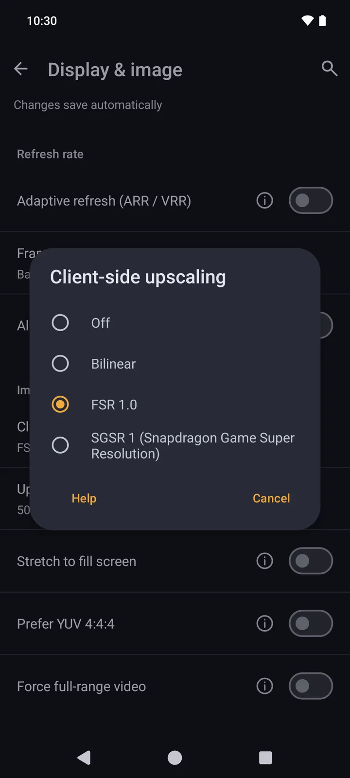 The Nightjar Display & image settings with the client-side upscaling choices: Off, Bilinear, FSR 1.0 and SGSR 1 (Snapdragon Game Super Resolution).
