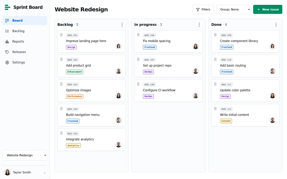 Sprint planning board with issue columns and filters