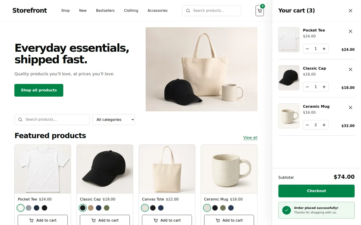Pocket Supply storefront with product catalog and cart